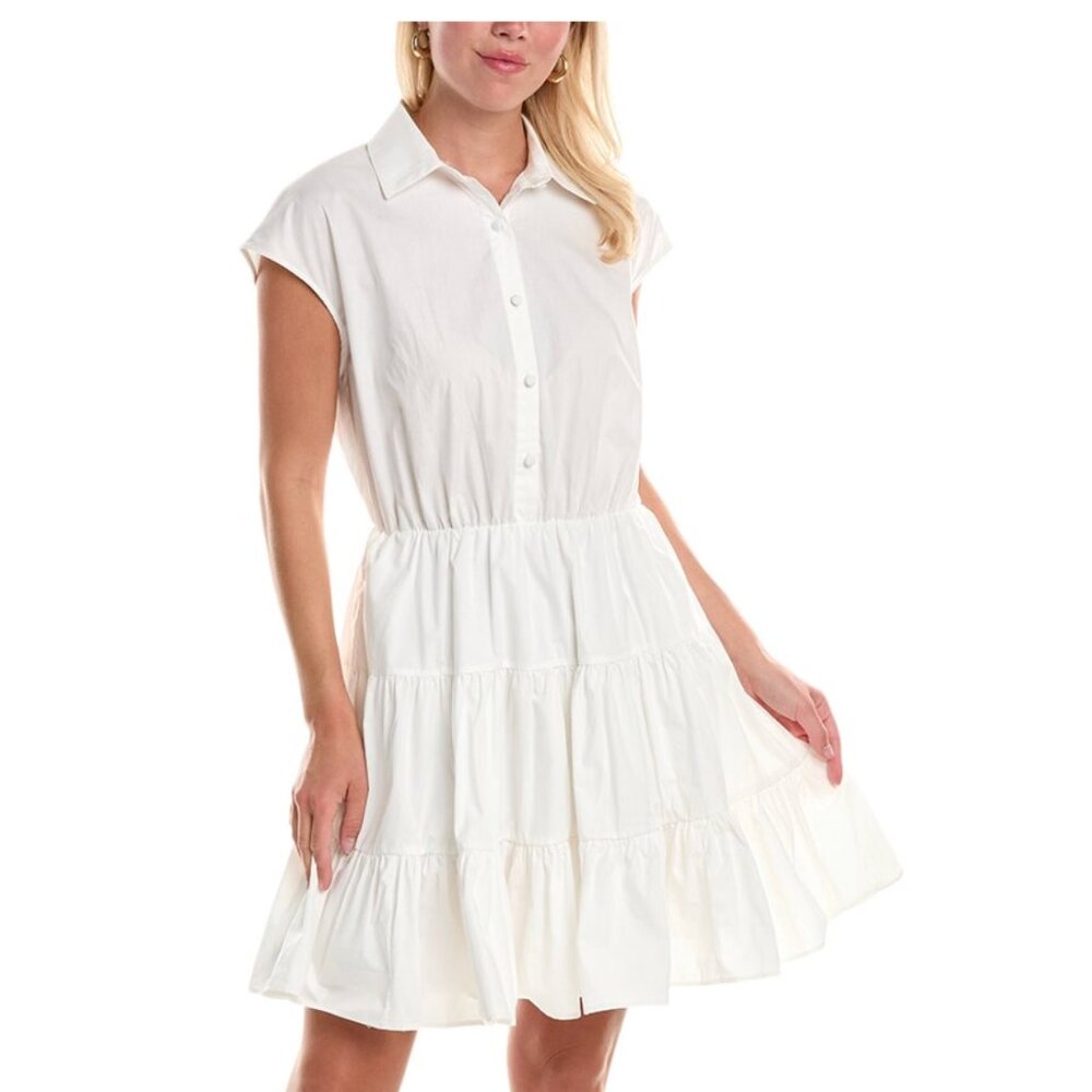 Hutch Bishop White Cotton Poplin Fit & Flare Tiered Mini Collared Shirt Dress